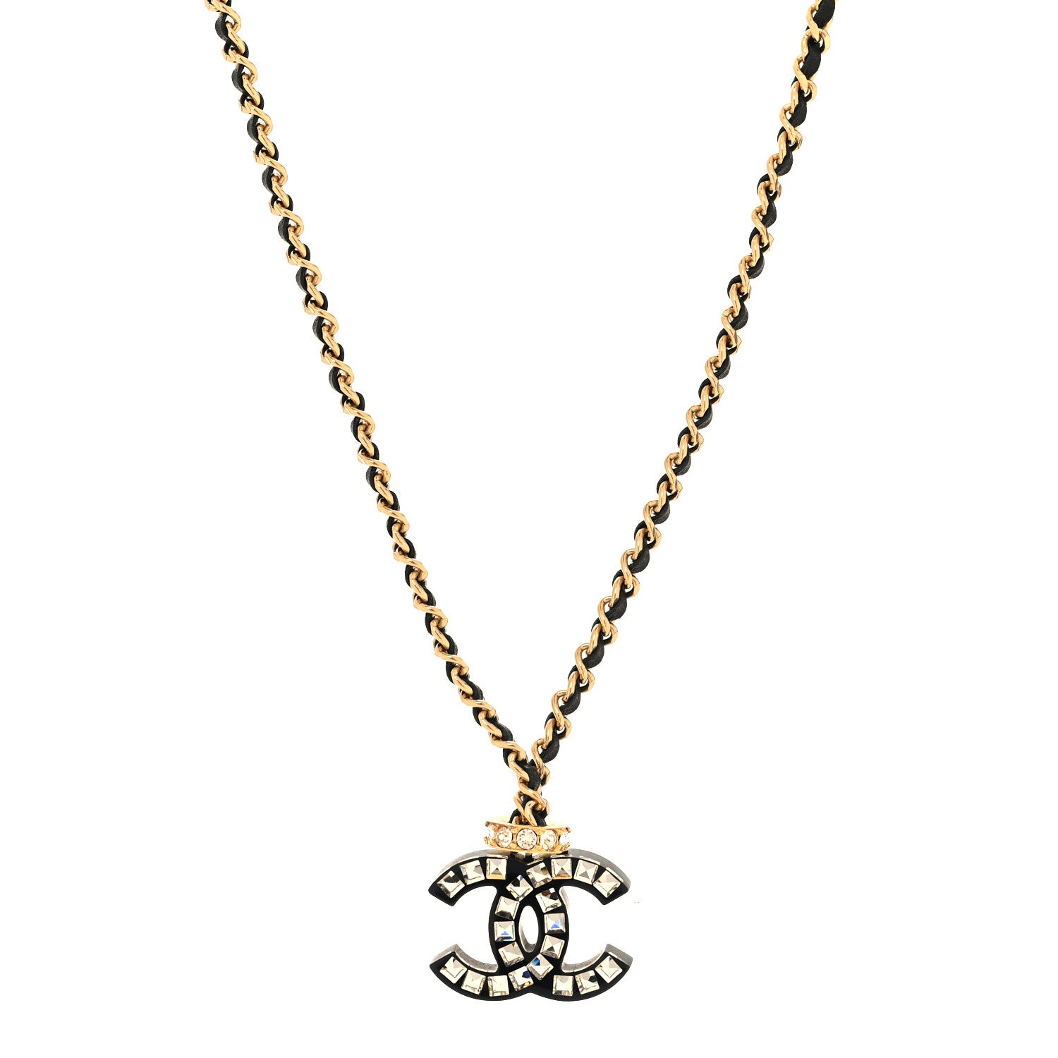 Chanel Lambskin Resin Crystal Baguette CC Chain Pendant Necklace Black Gold 1 of 5