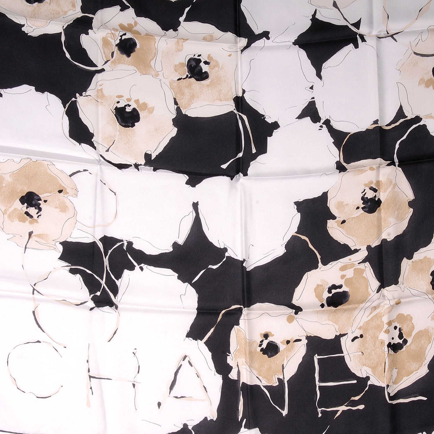 Chanel Silk Camellia Flower Scarf Black Beige 1 of 5