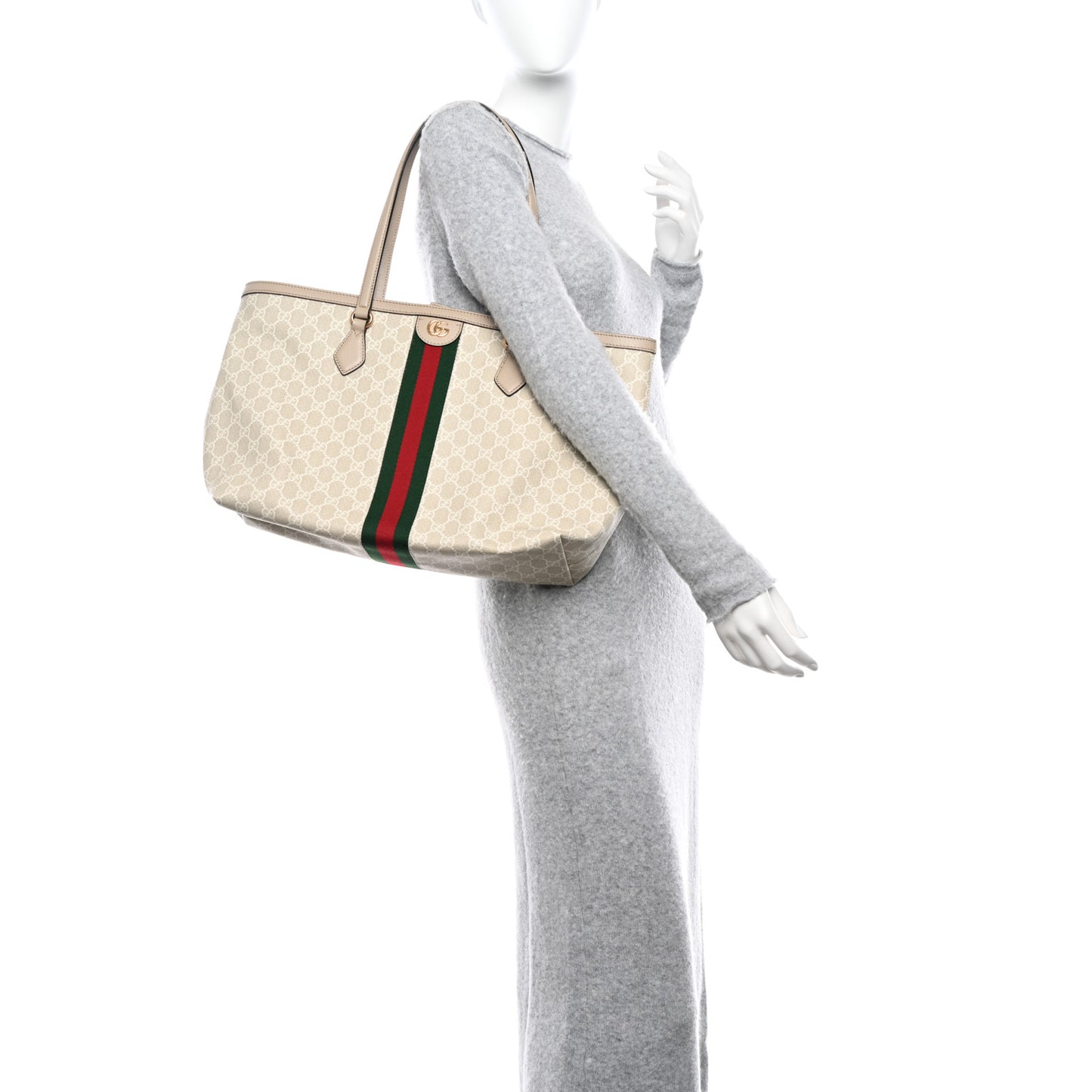 GG Supreme Monogram Textured Dollar Calfskin Web Medium Ophidia Shopping Tote Beige Mystic White Oatmeal