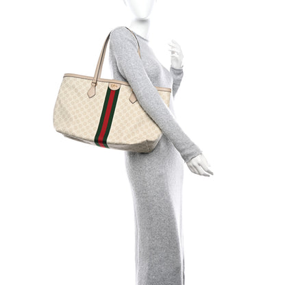 Gucci GG Supreme Monogram Textured Dollar Calfskin Web Medium Ophidia Shopping Tote Beige Mystic White Oatmeal 2 of 9