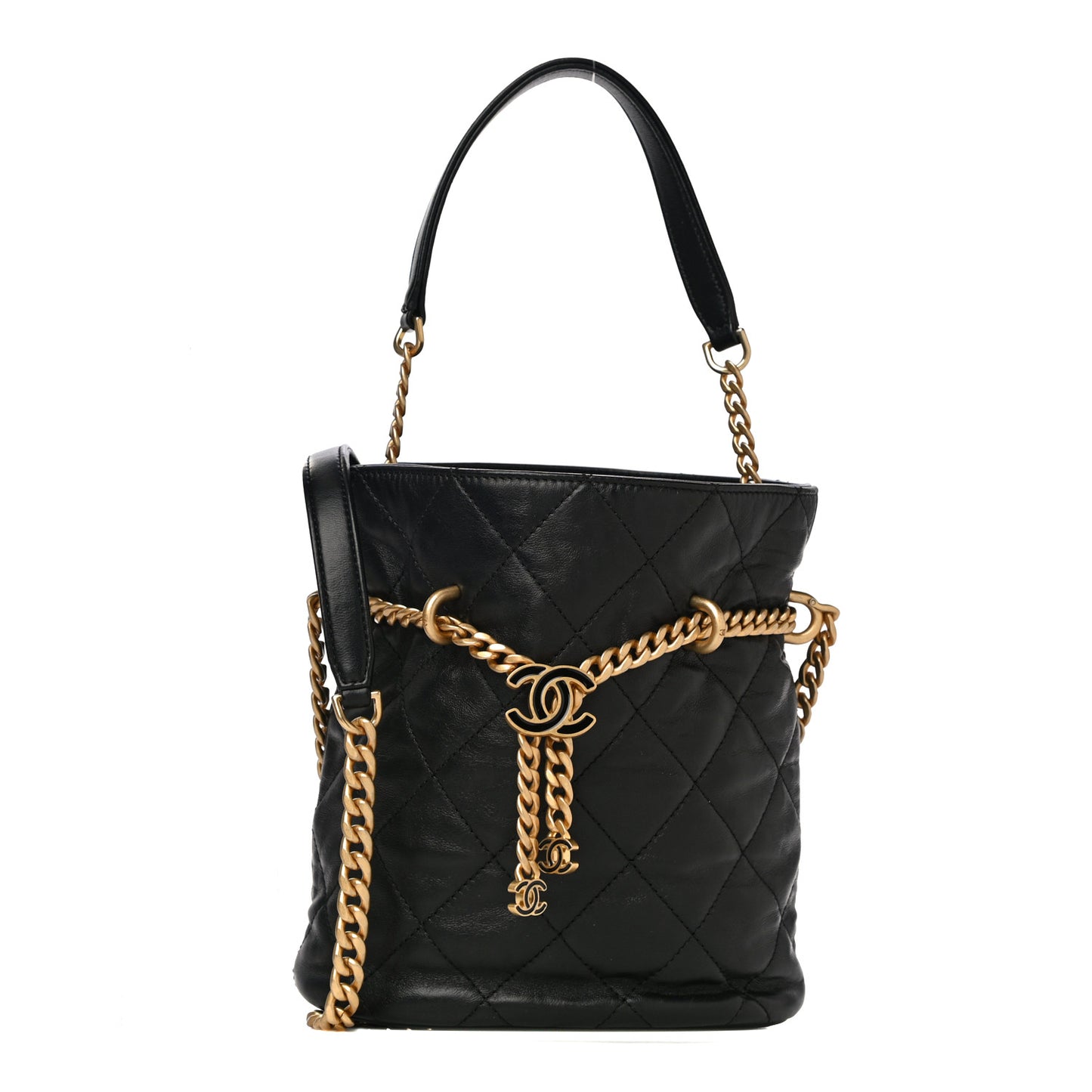 Lambskin Enamel Quilted Pending CC Bucket Drawstring Bag Black