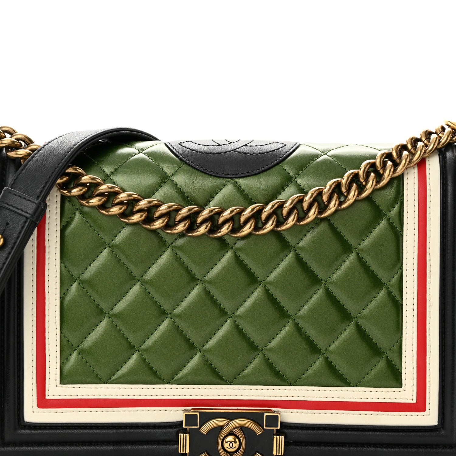 Chanel Lambskin Quilted Crest Embellished New Medium Boy Flap Black White Green 8 of 10