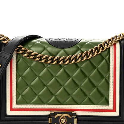 Chanel Lambskin Quilted Crest Embellished New Medium Boy Flap Black White Green 8 of 10