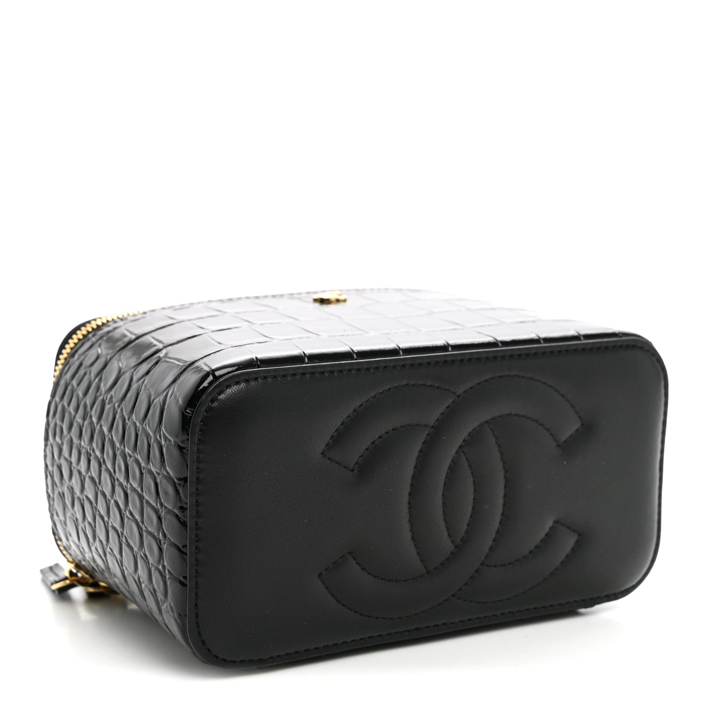 Calfskin Crocodile Embossed Crococo Small Top Handle Vanity Case With Chain Black