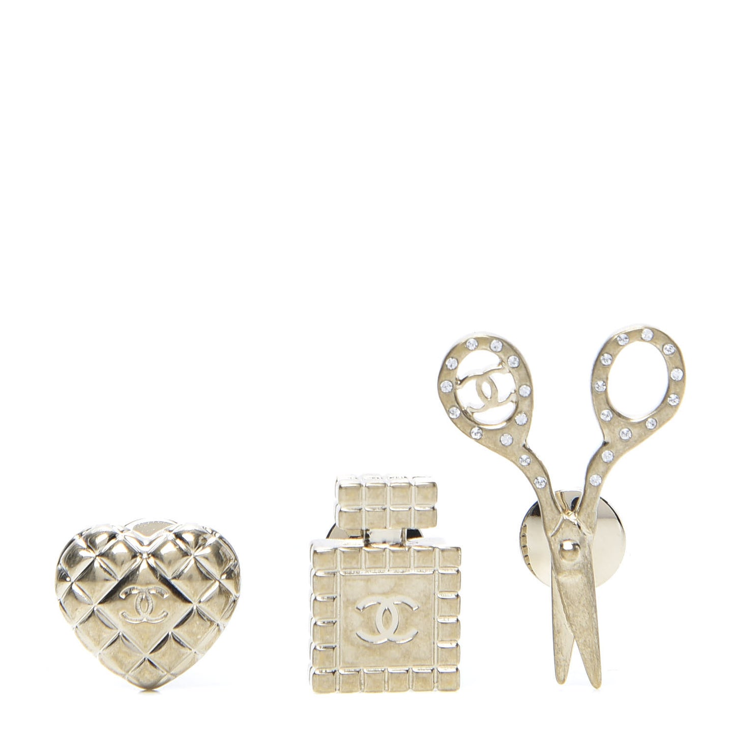 Metal Strass Crystal Quilted CC Heart Scissors Perfume Brooch Set Gold