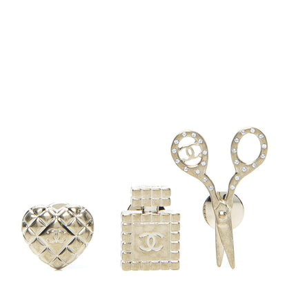 Chanel Metal Strass Crystal Quilted CC Heart Scissors Perfume Brooch Set Gold 1 of 5