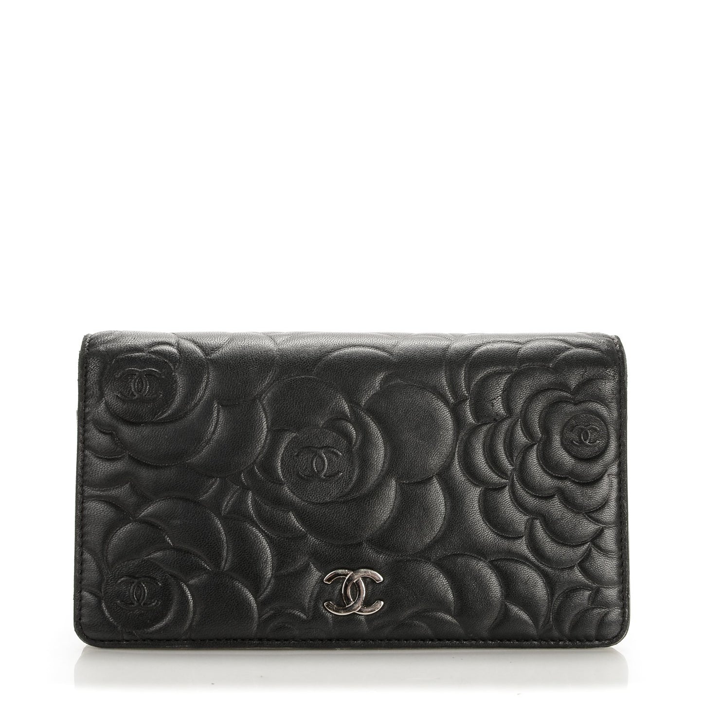 Lambskin Camellia Embossed Yen Wallet Black