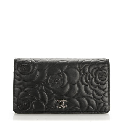 Chanel Lambskin Camellia Embossed Yen Wallet Black 1 of 8
