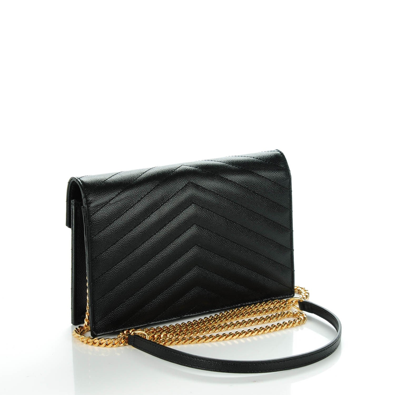 Saint Laurent Grain De Poudre Matelasse Chevron Monogram Chain Wallet Black 3 of 7