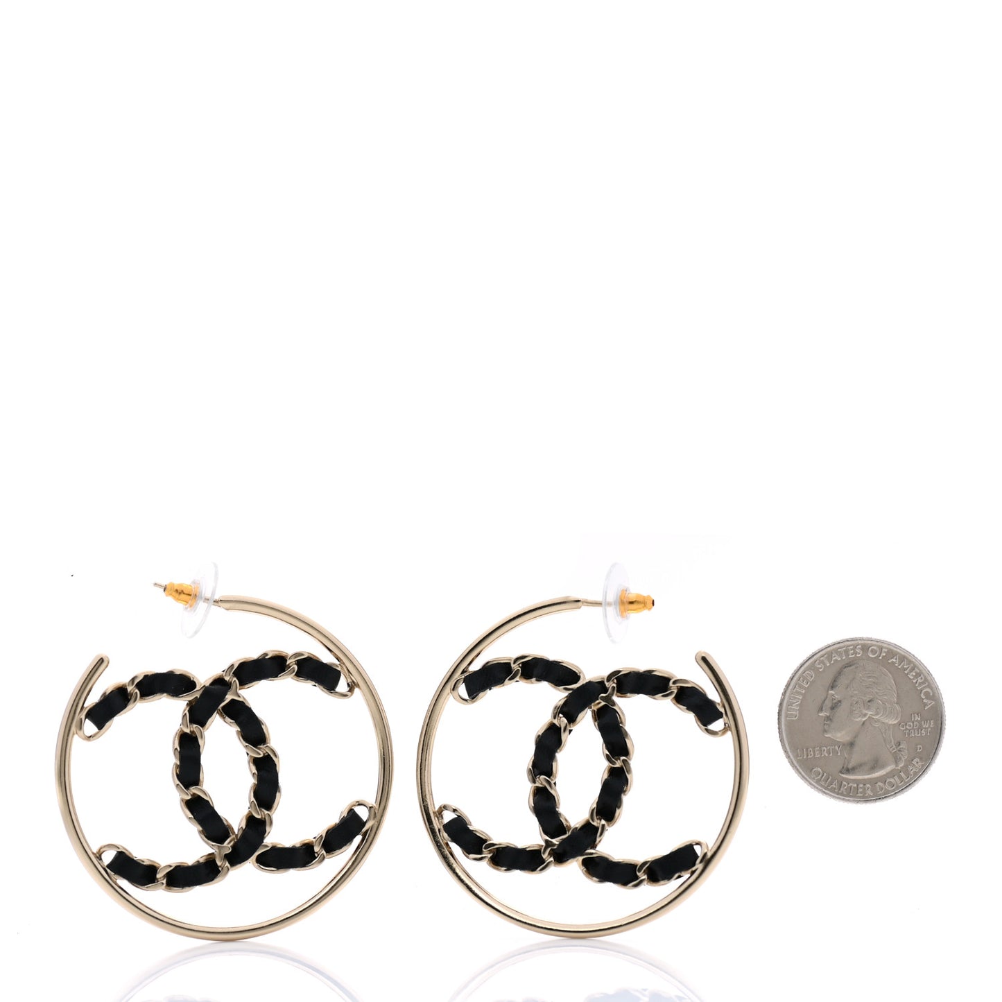 Lambskin CC Chain Hoop Earrings Black Gold