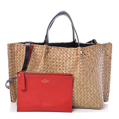 Valentino Garavani Raffia Medium Vlogo Escape Shopper Natural Black Rouge 1 of 9