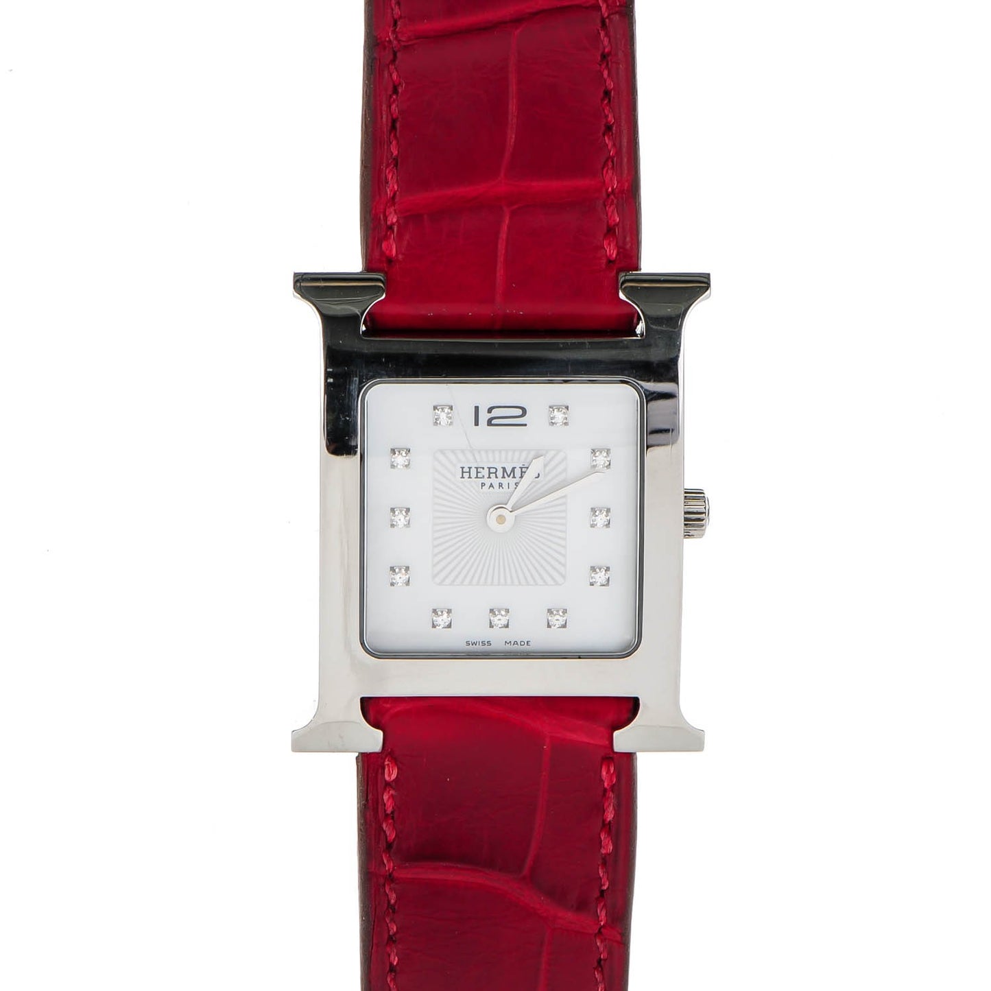 Stainless Steel Alligator Diamond 26mm Heure H Hour Quartz Watch Rouge Casaque