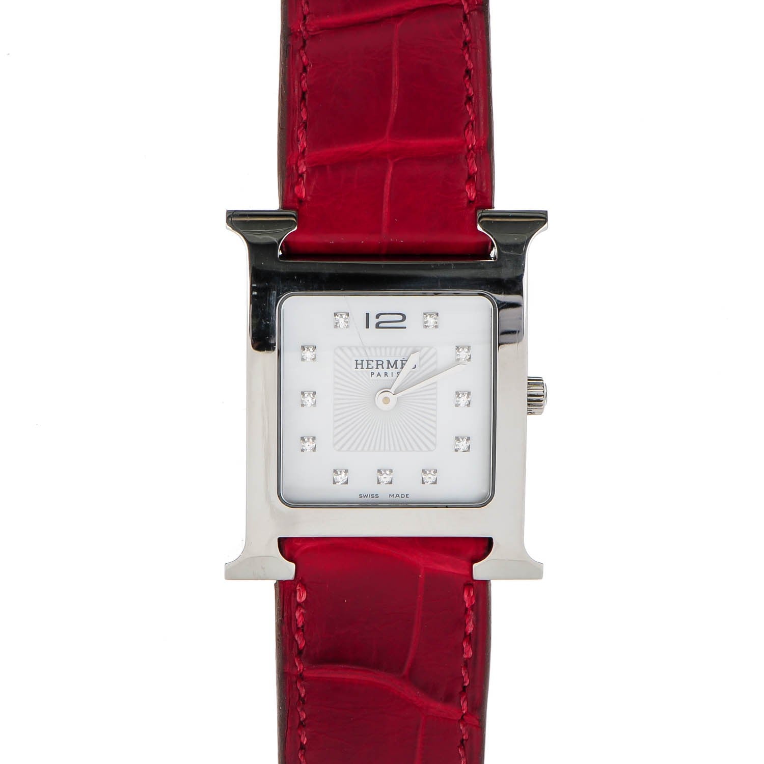 Hermes Stainless Steel Alligator Diamond 26mm Heure H Hour Quartz Watch Rouge Casaque 1 of 8