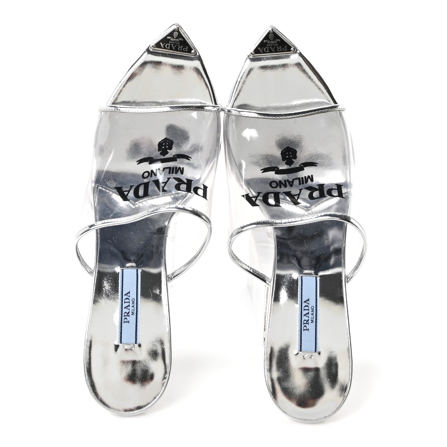 PRADA シルバー サンダル Prada Plexiglass Metallic Calfskin Metal Triangle Logo 75mm Slide