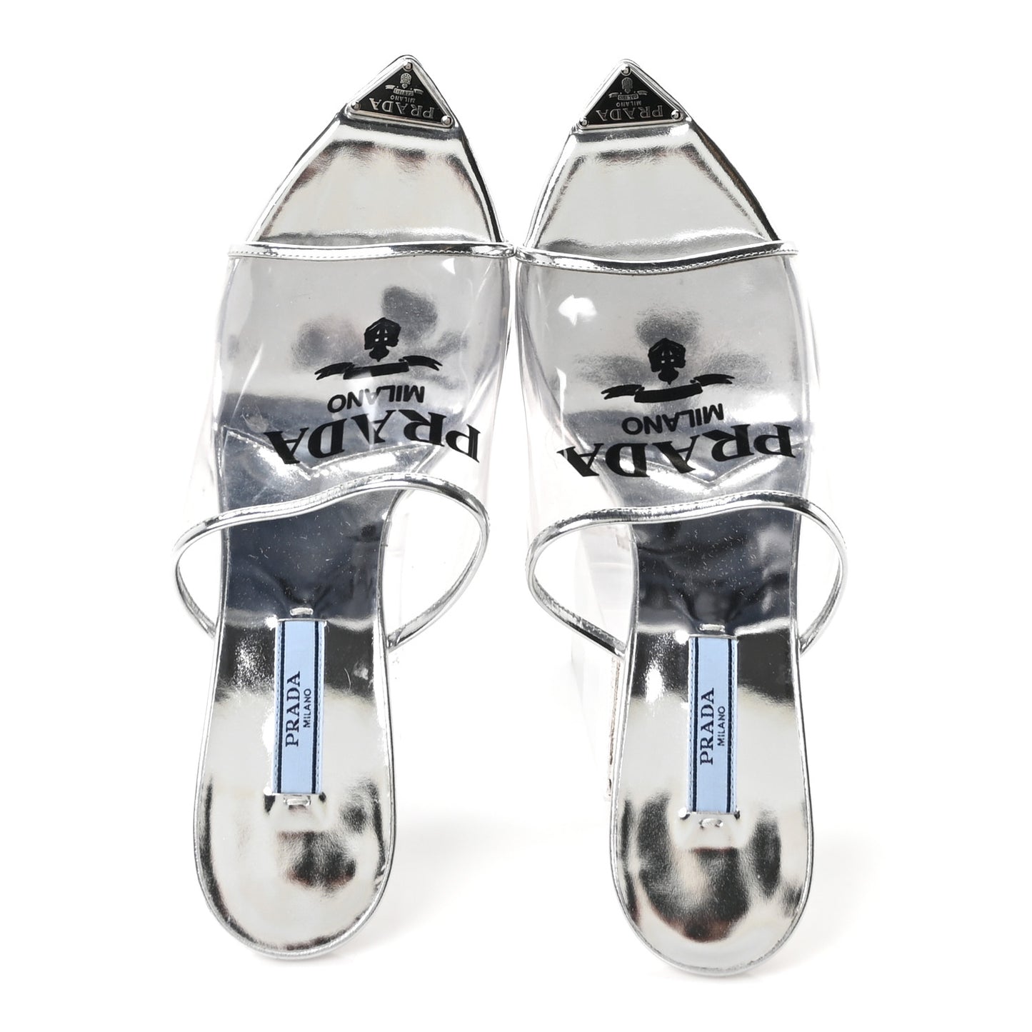Plexiglass Metallic Calfskin Metal Triangle Logo 75mm Slide Sandals 38 Argento