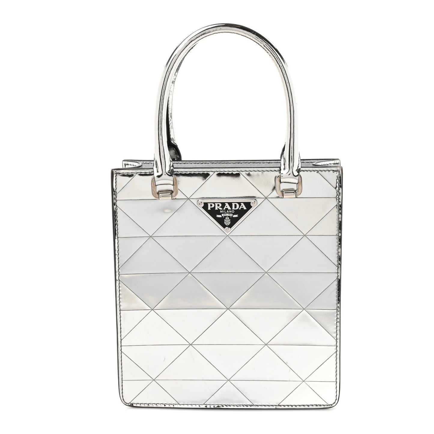 Spazzolato Metal Triangle Logo Triangle Patterned Small Double Handle Crossbody Tote Argento