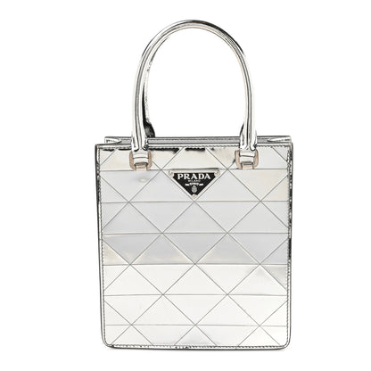 Prada Spazzolato Metal Triangle Logo Triangle Patterned Small Double Handle Crossbody Tote Argento 1 of 14