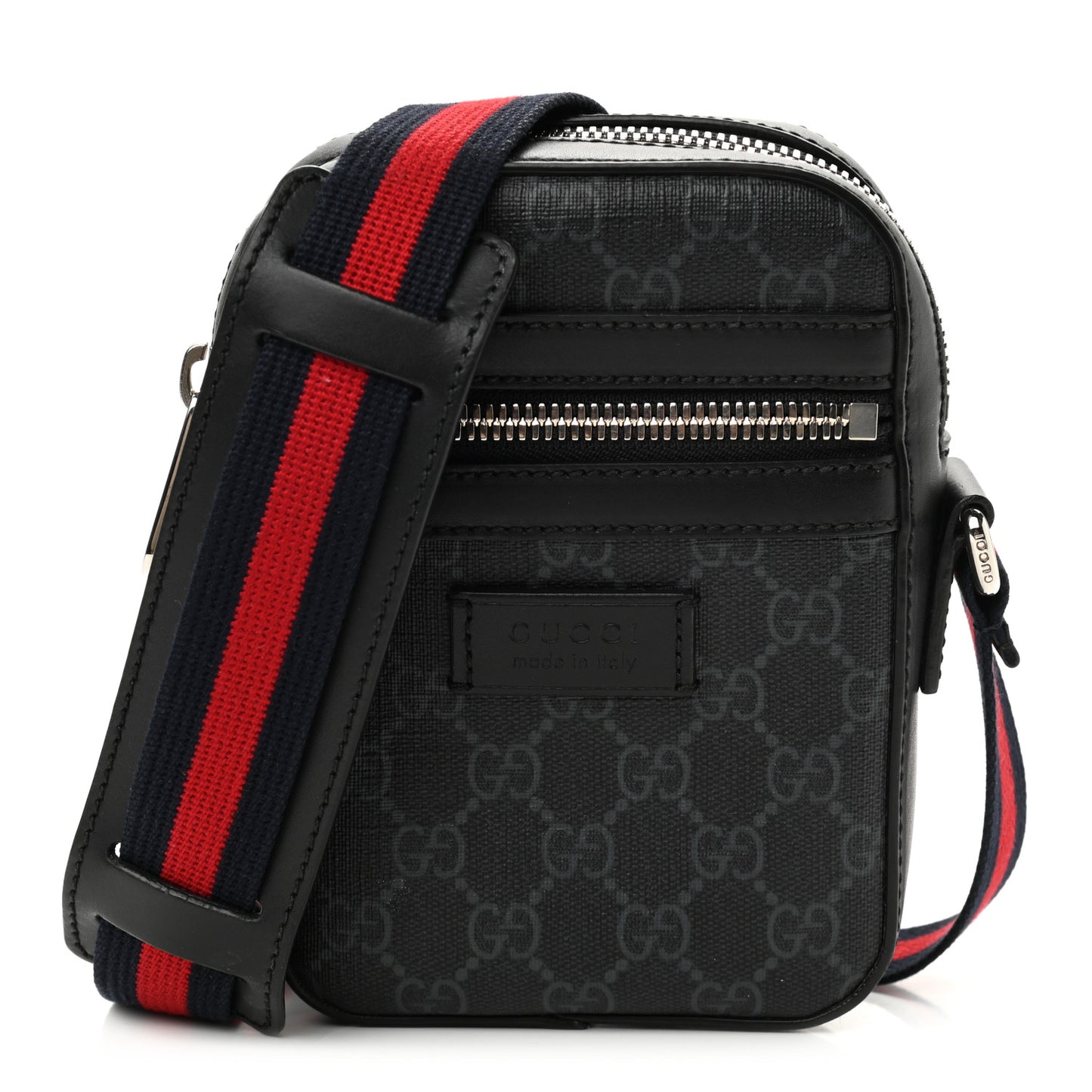 GG Supreme Monogram Appia Calfskin Web Small Camera Messenger Bag Black Grey