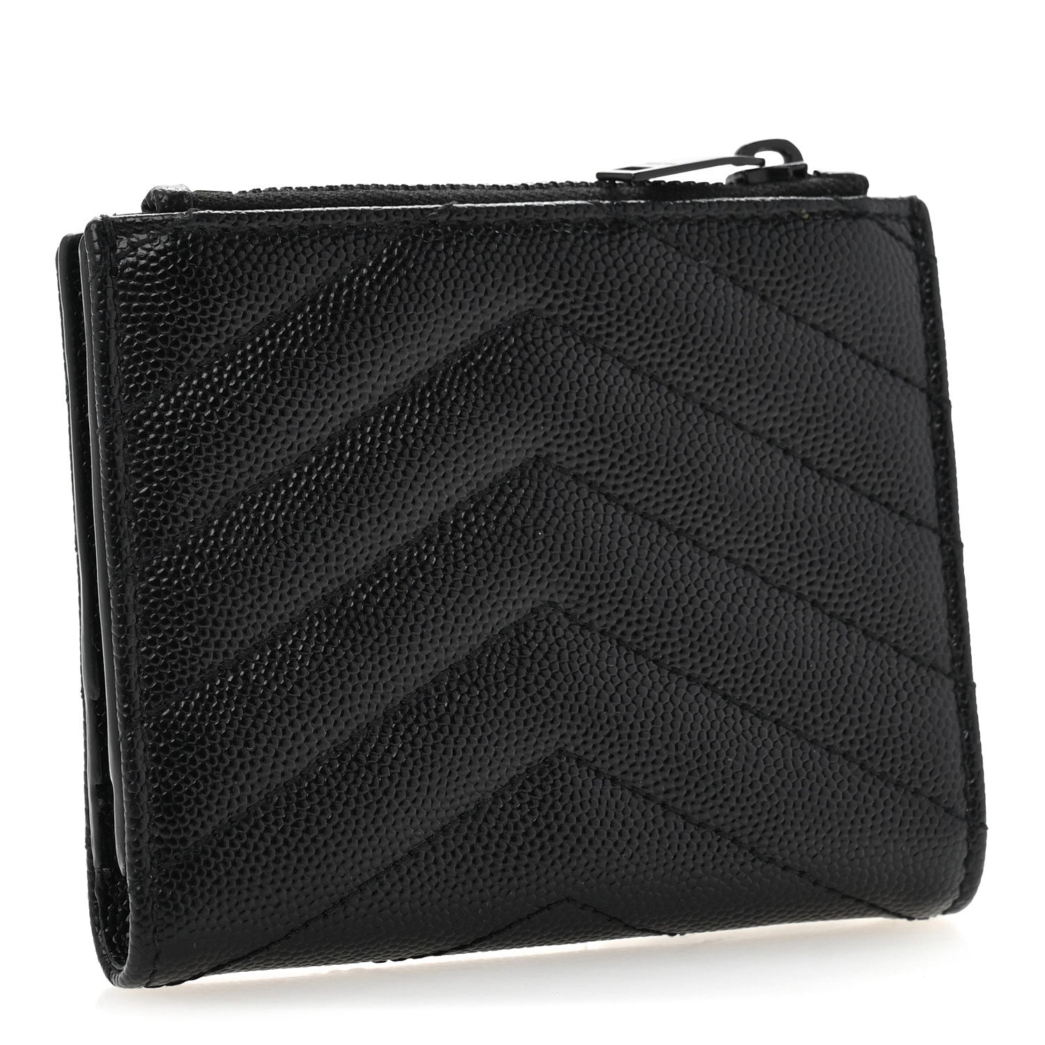 Saint Laurent Grain De Poudre Matelasse Chevron Monogram Zipped Card Case Black 3 of 11