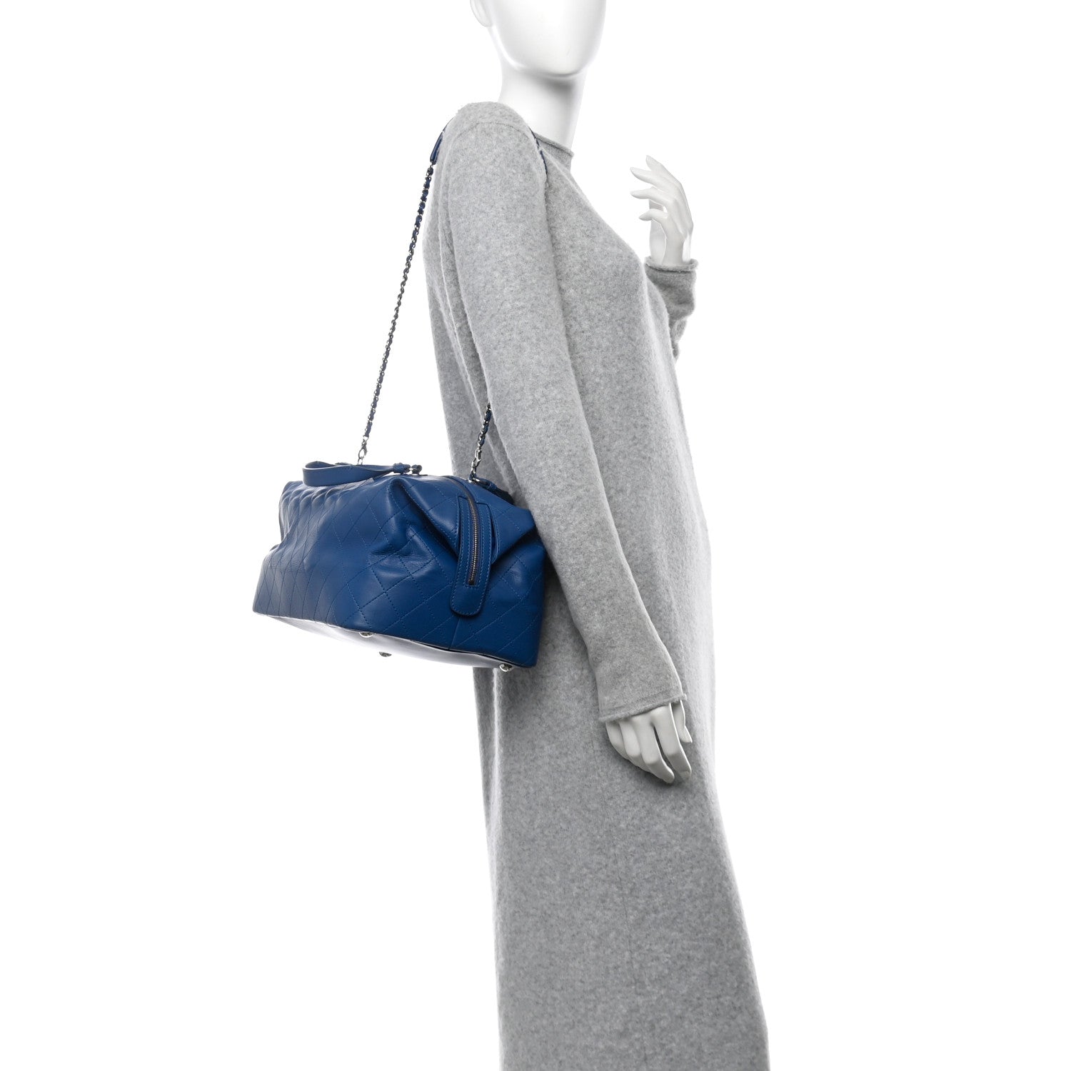 Chanel Calfskin Stitched Large Bowling Bag Blue 2 of 11