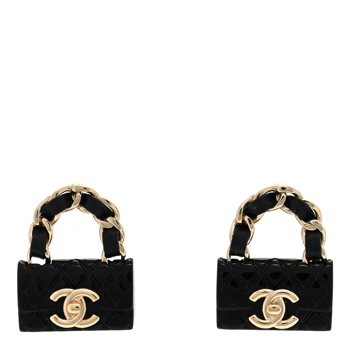Metal Resin Lambskin Quilted CC Turnlock Chain Flap Bag Earrings Black Gold