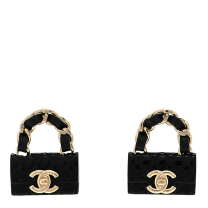 Chanel Metal Resin Lambskin Quilted CC Turnlock Chain Flap Bag Earrings Black Gold 1 of 6