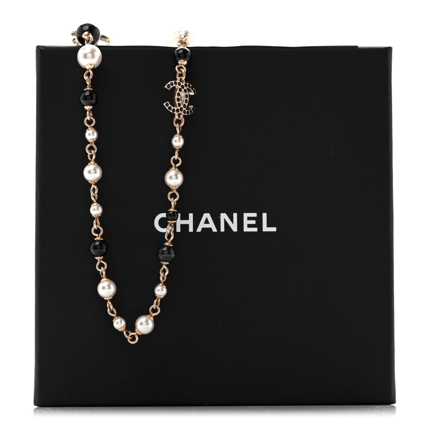Pearl Bead Crystal CC Long Necklace Black Gold