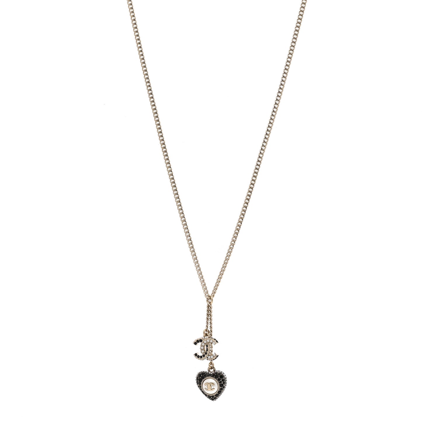 Pearl Crystal CC Heart Necklace Gold Pearly White Black
