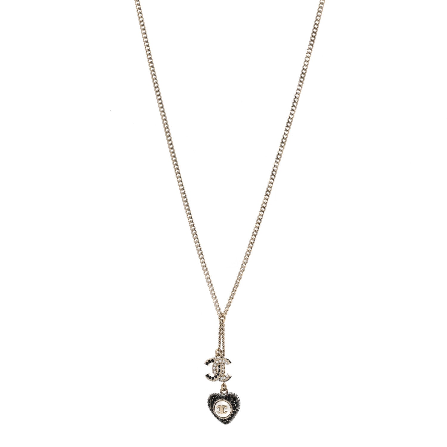 Chanel Pearl Crystal CC Heart Necklace Gold Pearly White Black 1 of 6