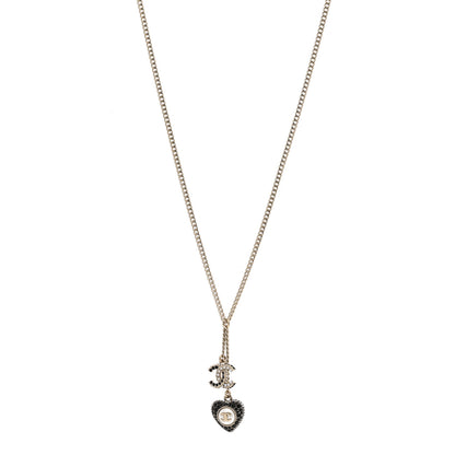 Chanel Pearl Crystal CC Heart Necklace Gold Pearly White Black 1 of 6