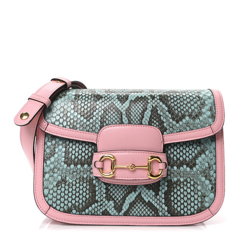 Snakeskin Calfskin Horsebit 1955 Shoulder Bag Blue Pink