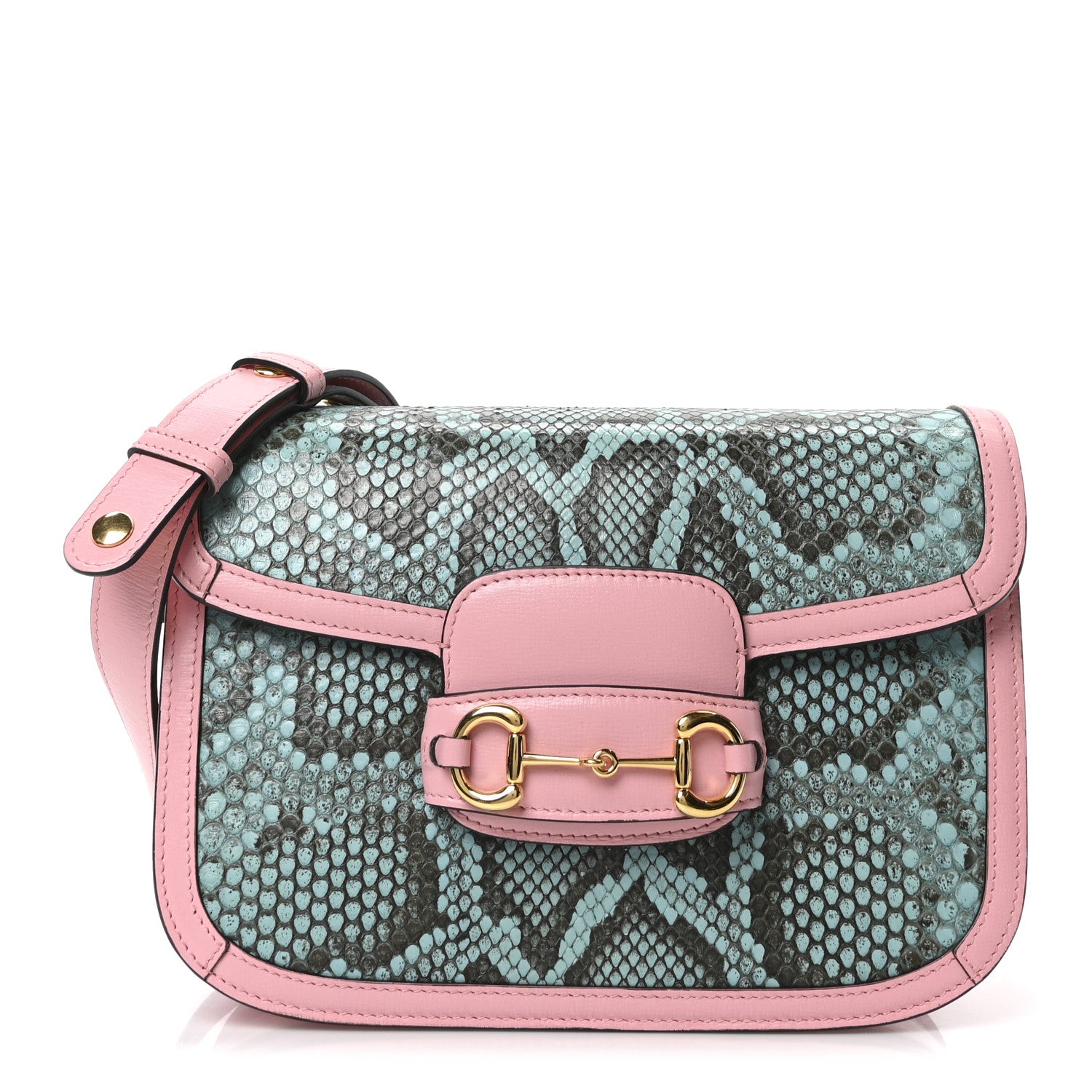 Gucci Snakeskin Calfskin Horsebit 1955 Shoulder Bag Blue Pink 1 of 10