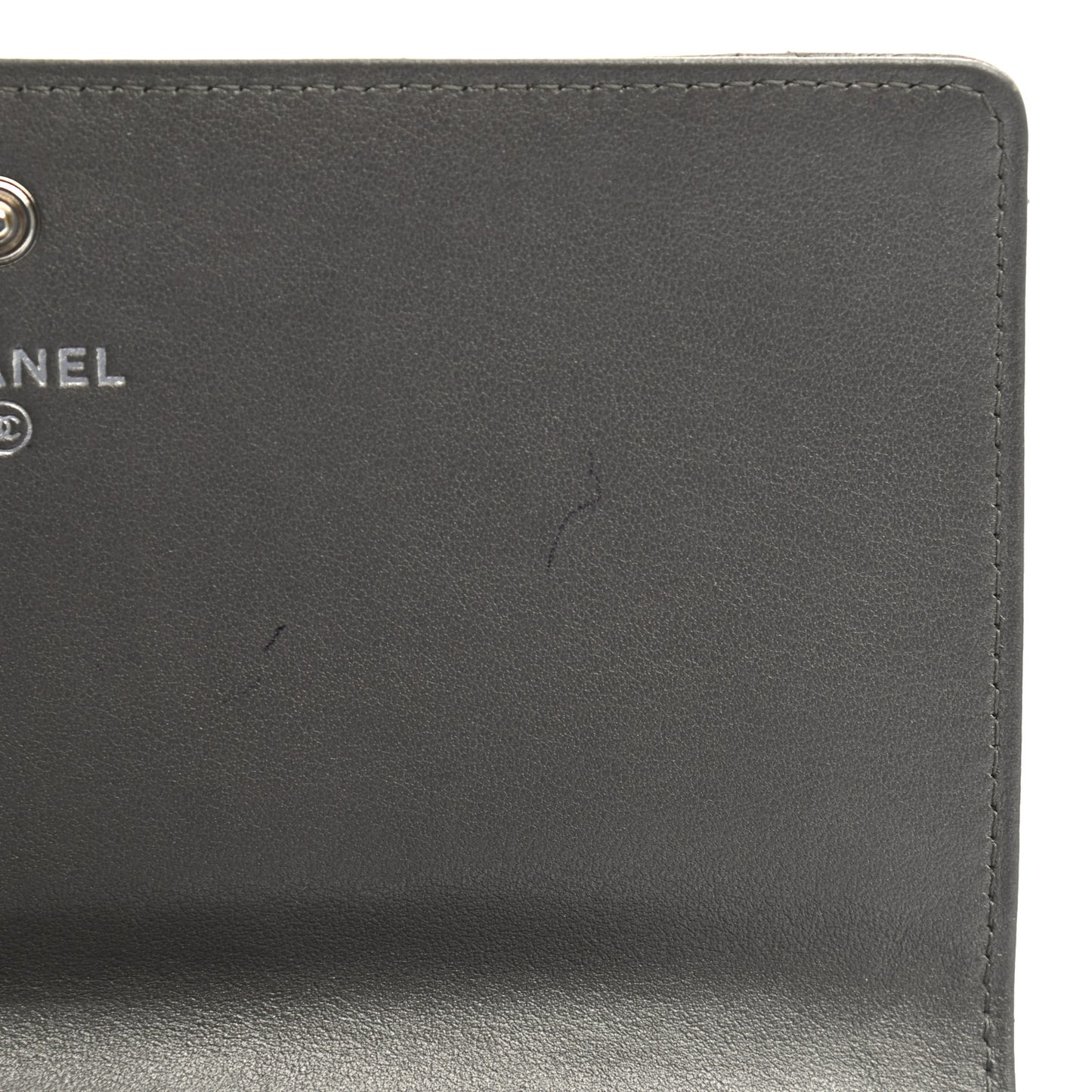 Metallic Camellia Calfskin Embossed Quilted Yen Wallet Grey