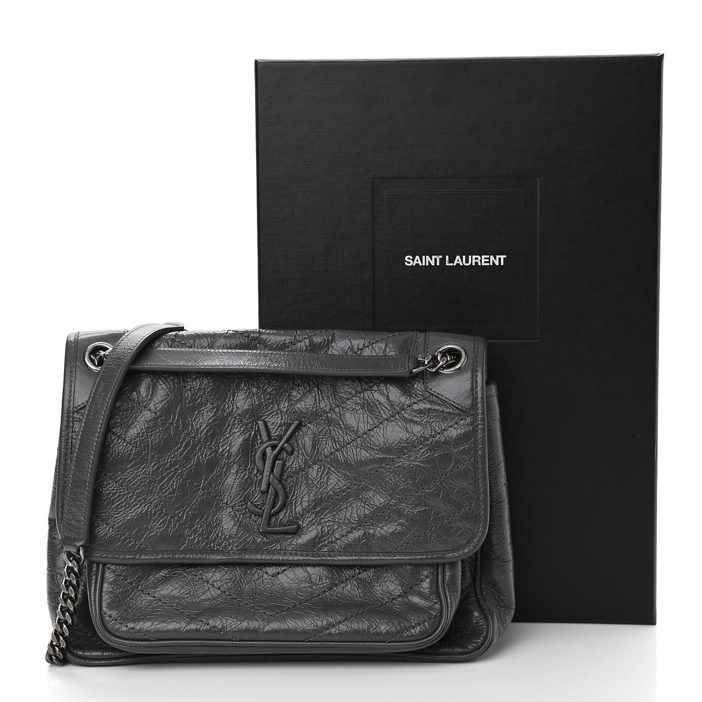 Crinkled Calfskin Matelasse Monogram Medium Niki Chain Satchel Storm