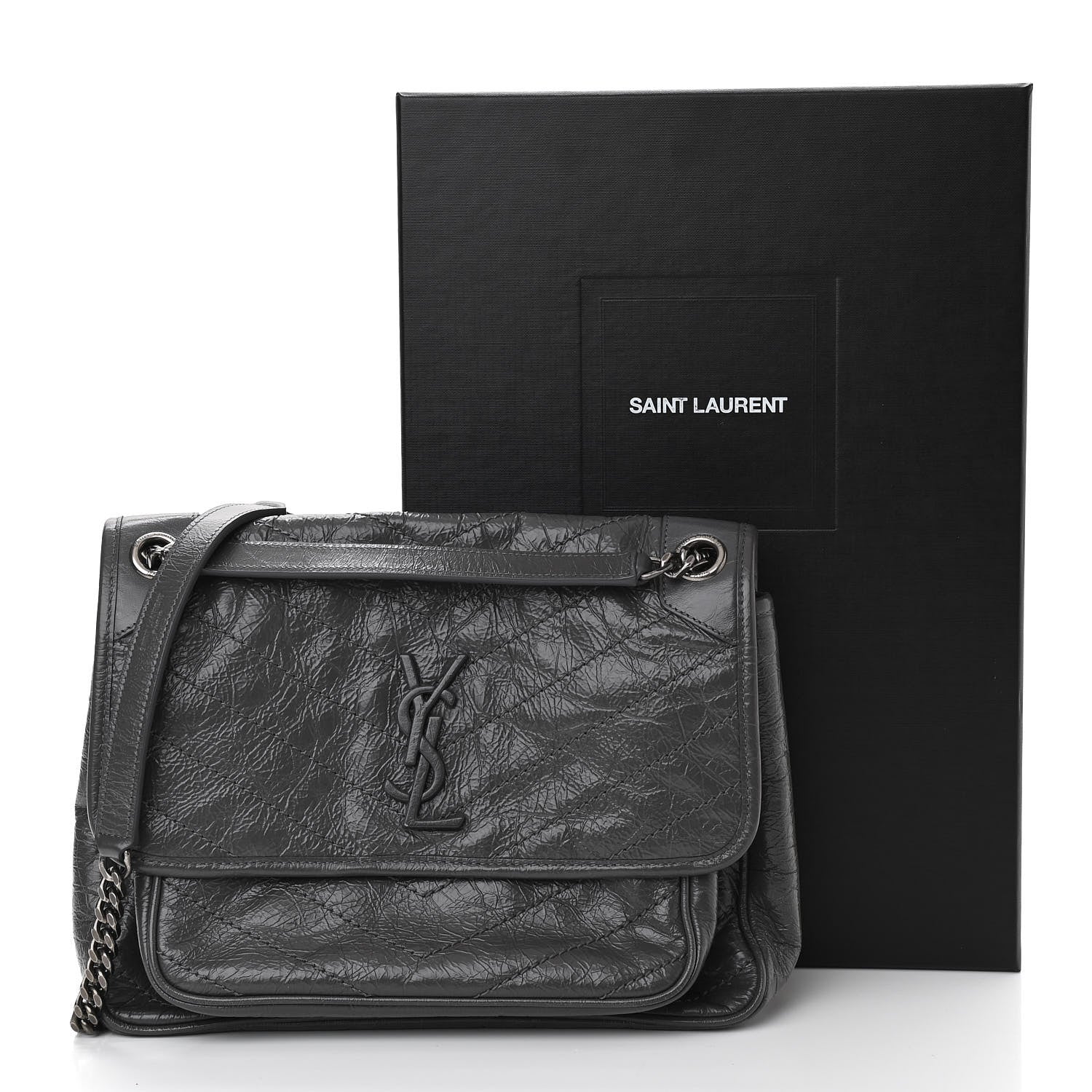 Saint Laurent Crinkled Calfskin Matelasse Monogram Medium Niki Chain Satchel Storm 8 of 11