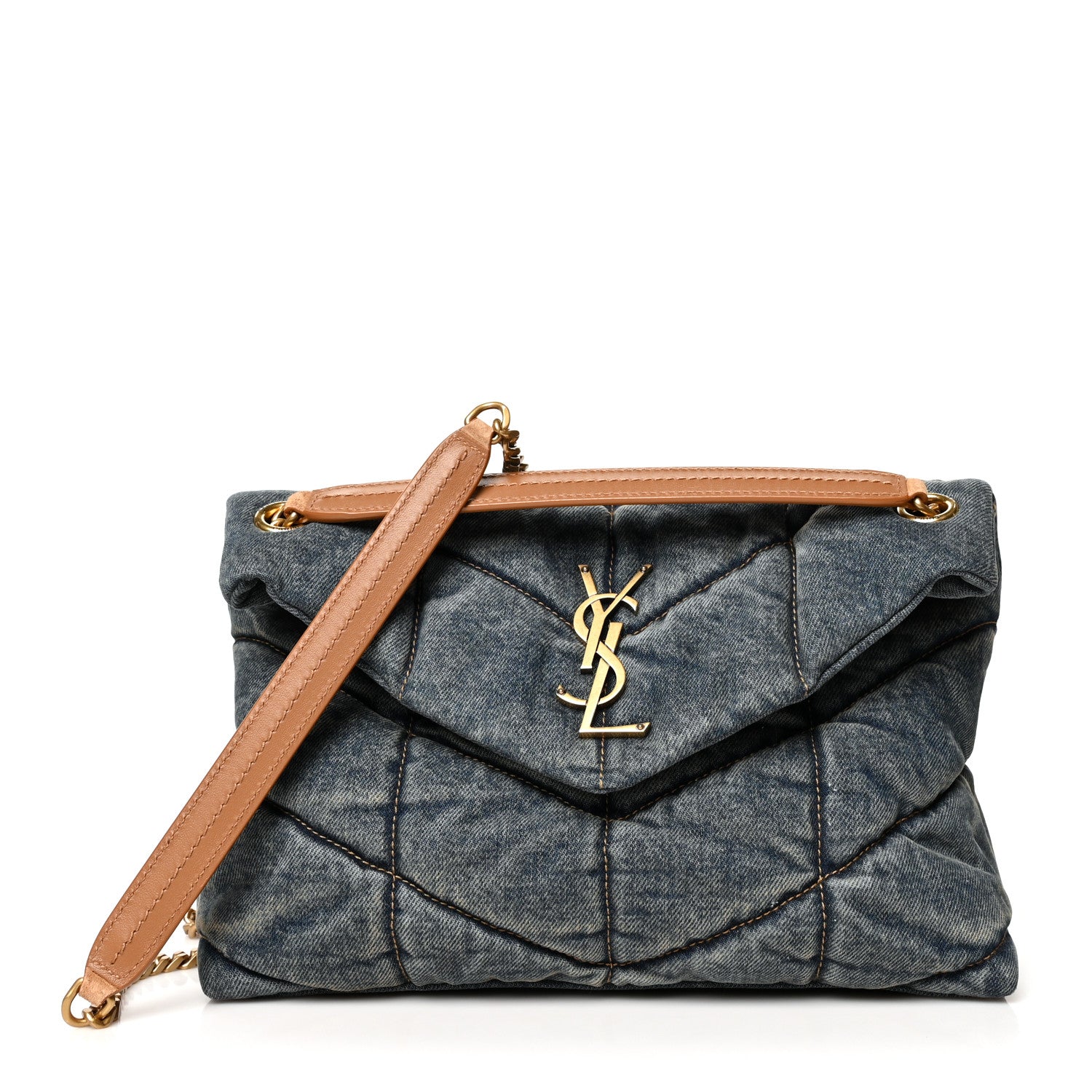 Saint Laurent Denim Quilted Small Loulou Puffer Monogram Chain Satchel Blue Cinnamon 1 of 10