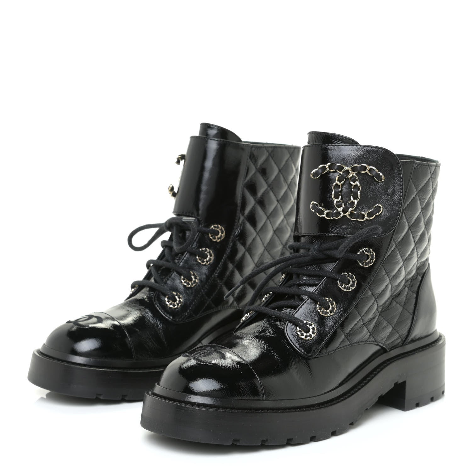 Chanel Shiny Calfskin Quilted Lace Up Combat Boots 37 Black 3 of 12