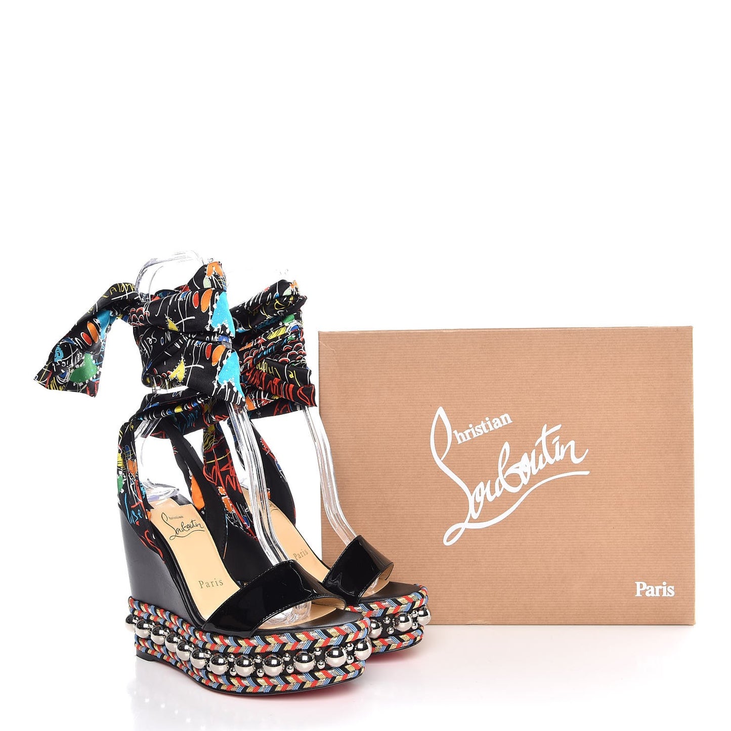 Patent Crepe Satin Loubitag Levantine 120 Wedge Sandals 36 Black