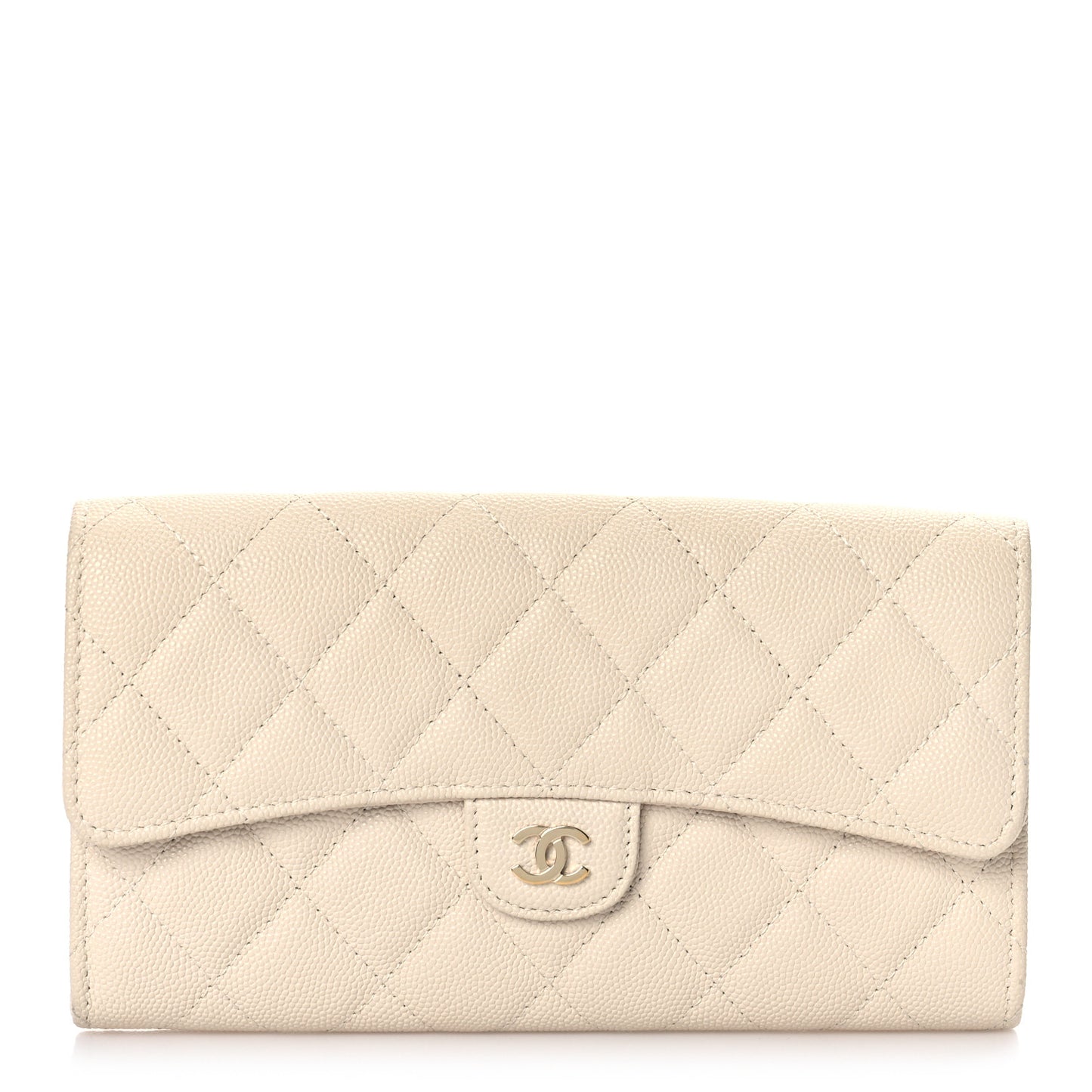 Caviar Quilted Large Gusset Flap Wallet Beige