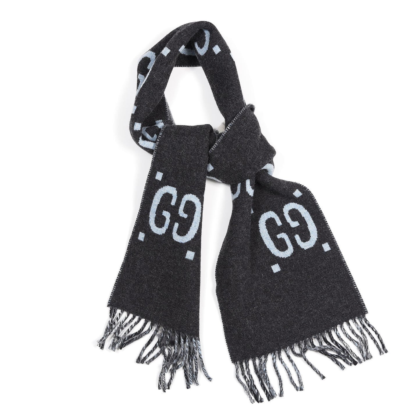 Wool GG Monogram Plaid Tartan Free Scarf Grey