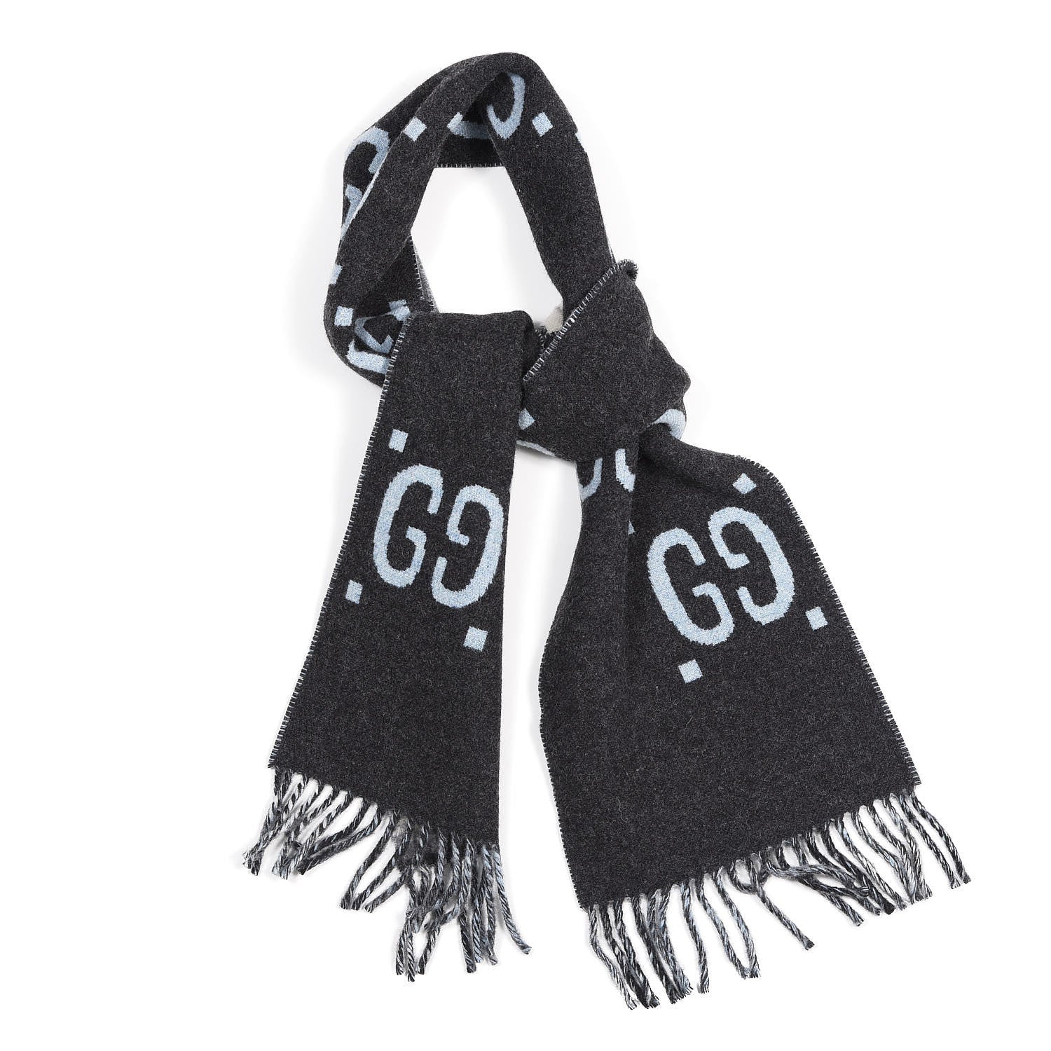 Gucci Wool GG Monogram Plaid Tartan Free Scarf Grey 1 of 4