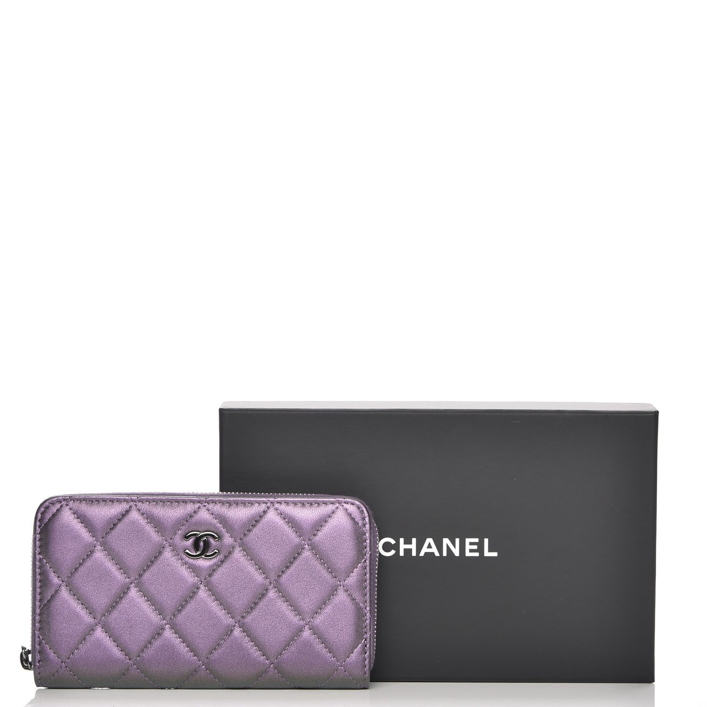 Iridescent Lambskin Quilted Small Zip Around Wallet Purple