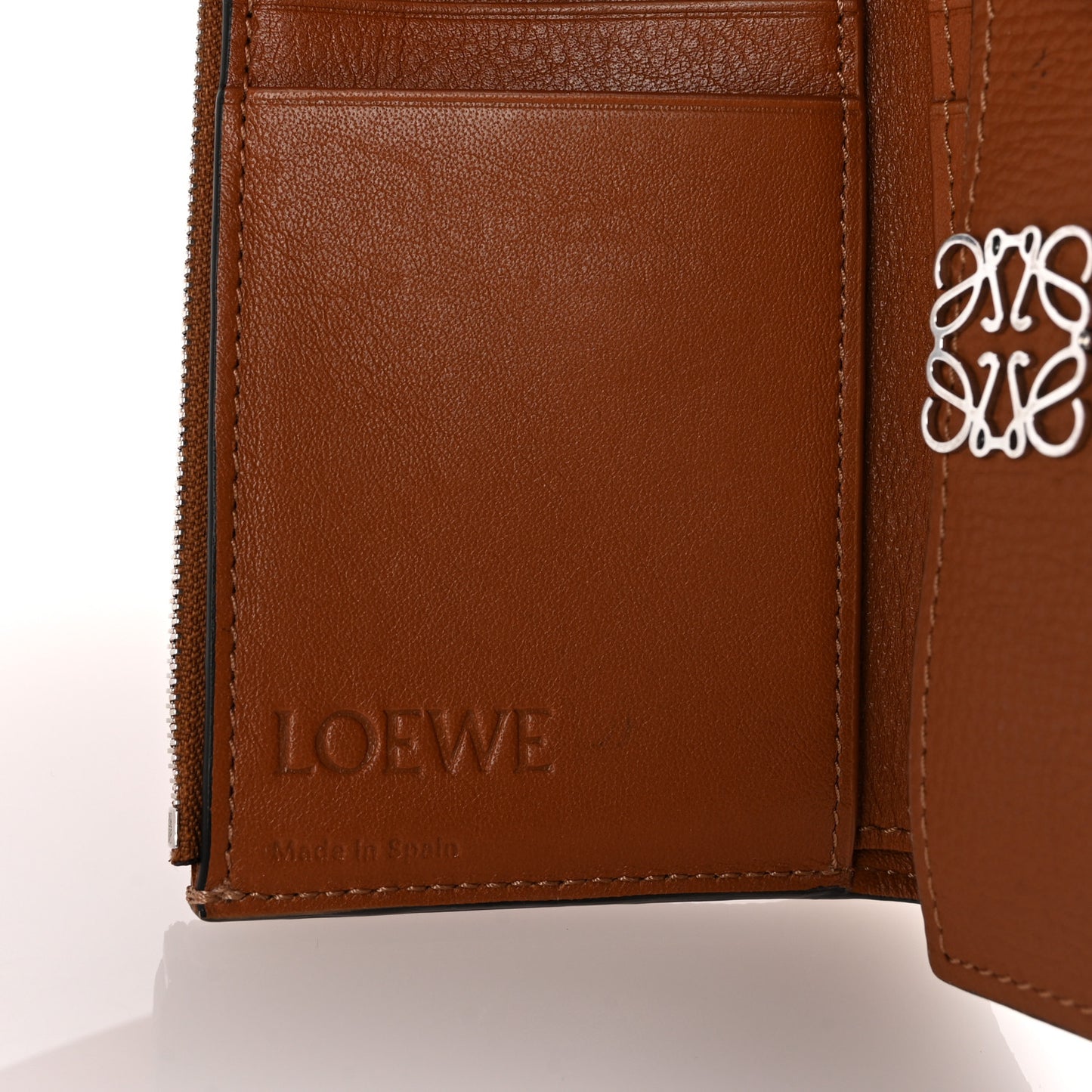 Pebble Grain Calfskin Anagram Small Vertical Wallet Tan