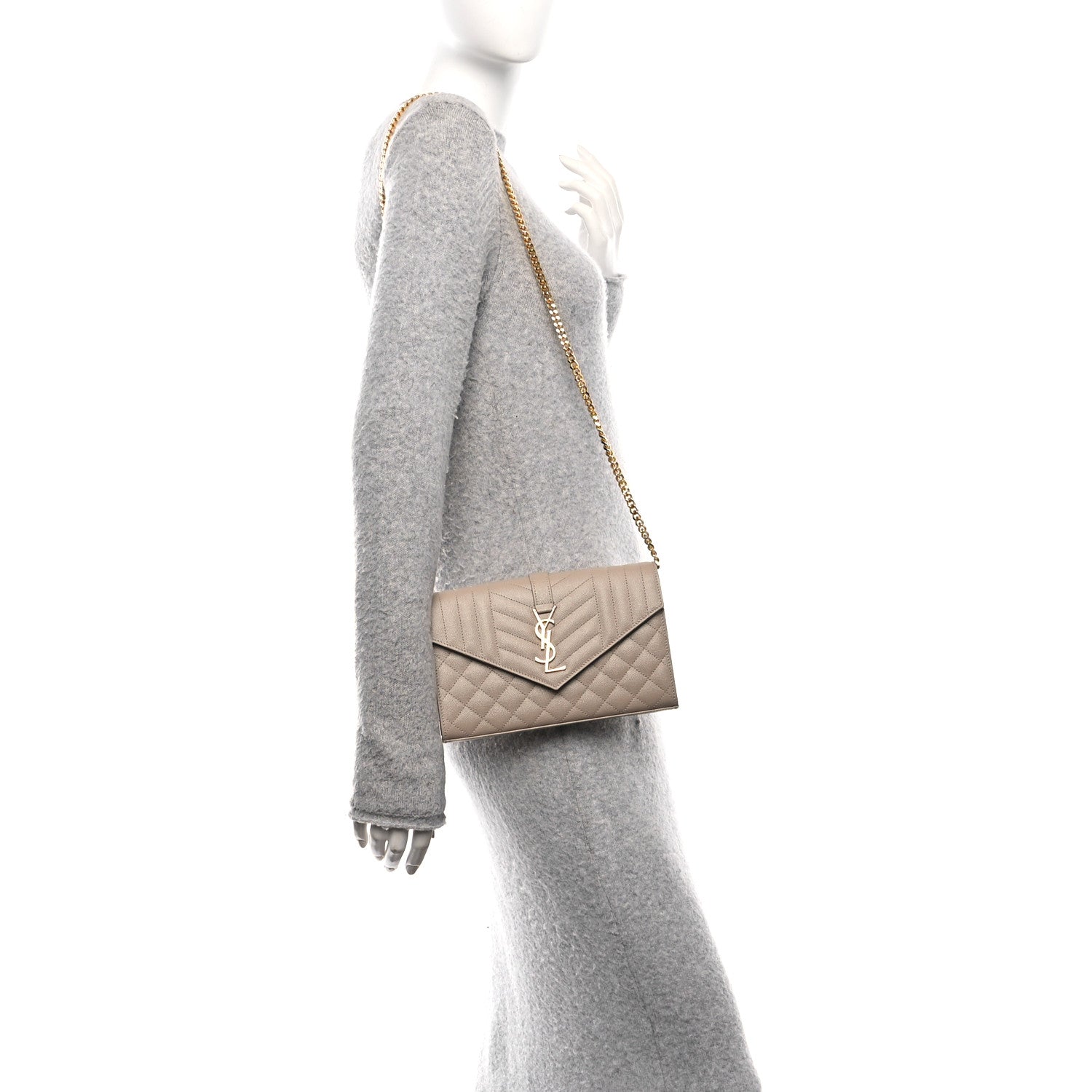 Saint Laurent Grain De Poudre Mixed Matelasse Triquilt Monogram Chain Wallet Dark Beige 2 of 9