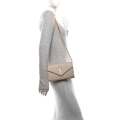 Saint Laurent Grain De Poudre Mixed Matelasse Triquilt Monogram Chain Wallet Dark Beige 2 of 9