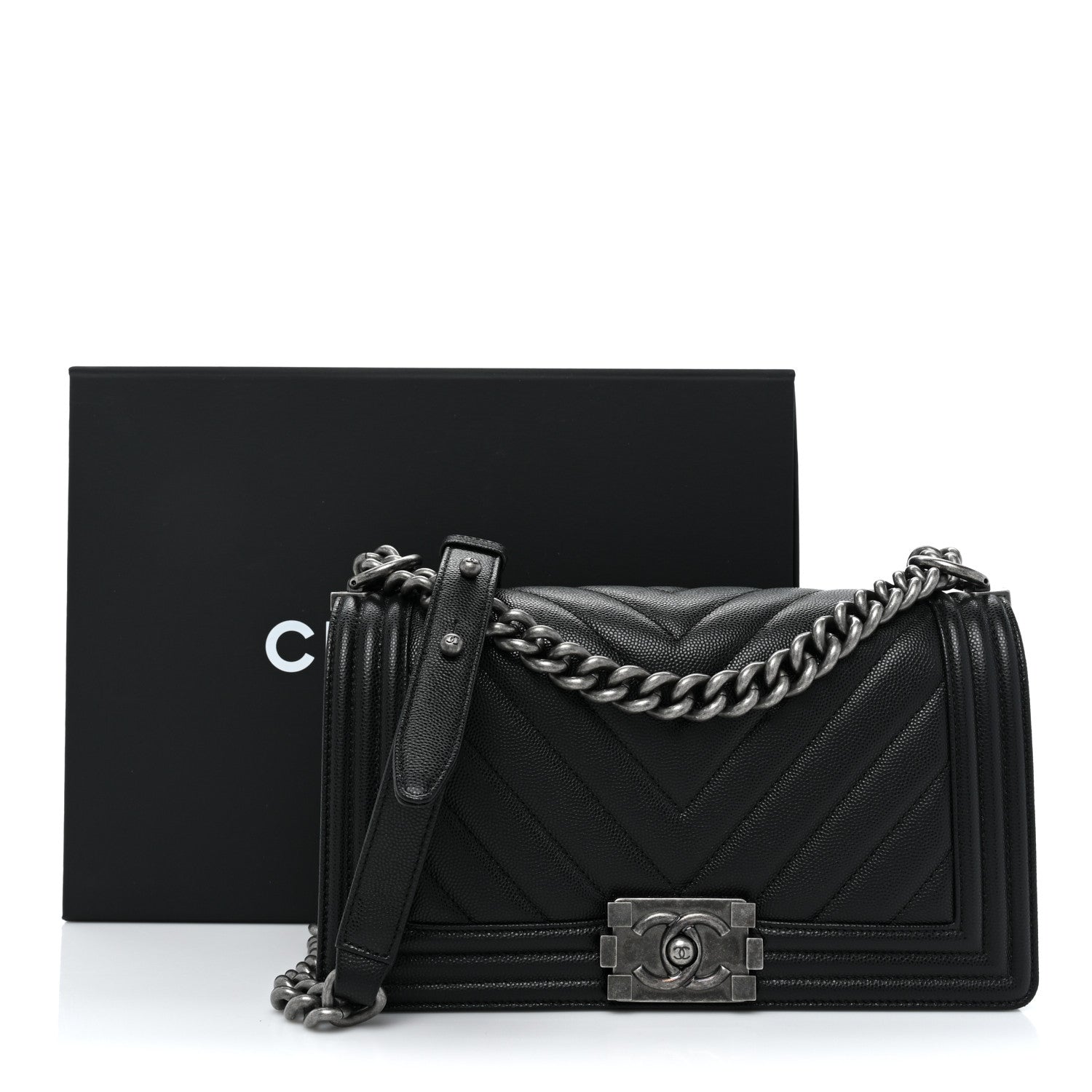 Chanel Caviar Chevron Quilted Medium Boy Flap Black 10 of 10
