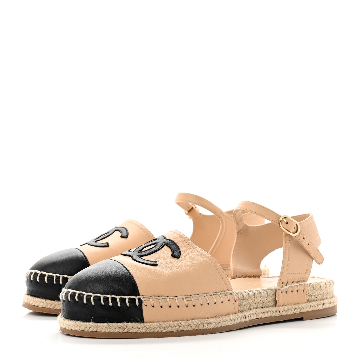 Lambskin Cap Toe CC Espadrille Sandals 38 Beige Black