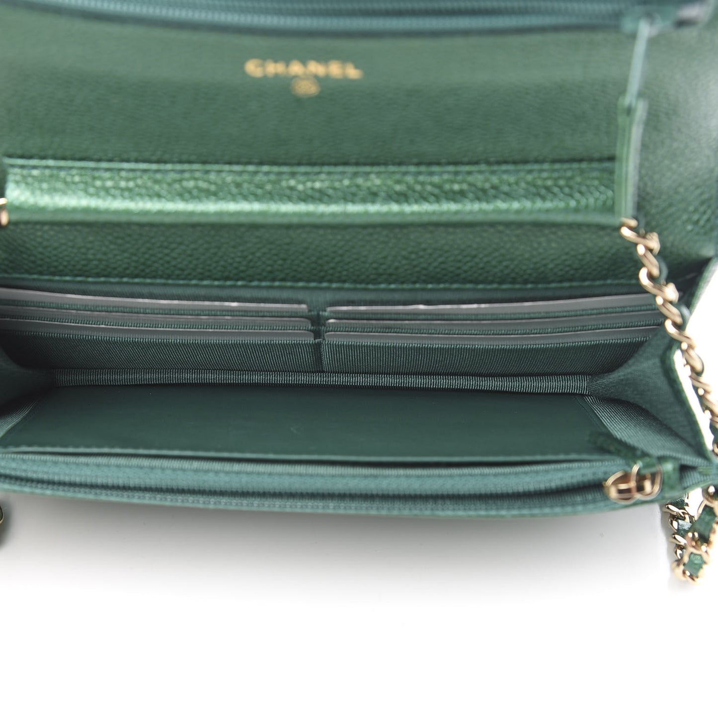 Metallic Caviar Quilted Wallet On Chain WOC Green