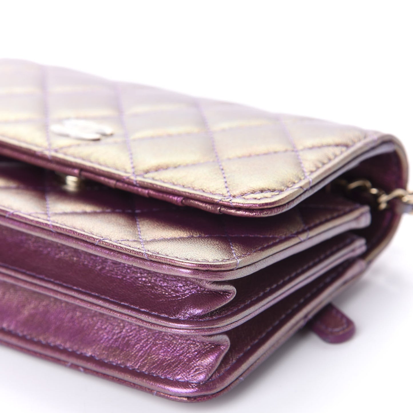 Iridescent Lambskin Quilted Mini Wallet On Chain WOC Purple