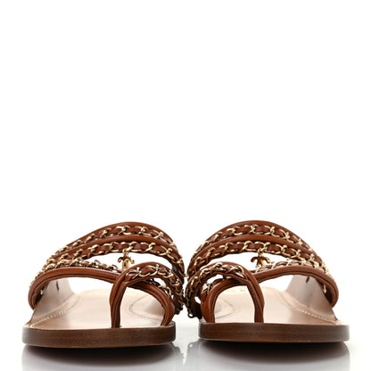 Chanel Calfskin Chain CC Thong Flat Sandals 38 Beige 2 of 6